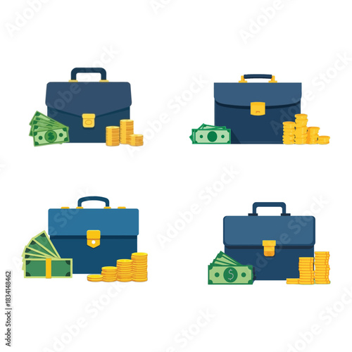 Investment savings and financial growth icon featuring briefcase cash and coins