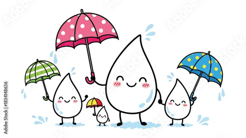 Joyful Raindrops Under Umbrellas: A cheerful ensemble of animated raindrops, each with a unique personality, taking shelter under colorful umbrellas, symbolizing protection and happiness. 