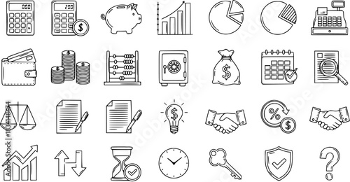 Hand-drawn business and finance icons set in sketch style, featuring money, calculator, charts, calendar, security, success, and planning symbols.