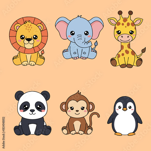 Set clip-art cartoon cute animals lions, elephants, giraffes, pandas, monkeys and penguins, simple flat vector illustration soft color pastel and editable