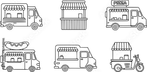 Collection of Food Trucks and Stalls in Outline Style