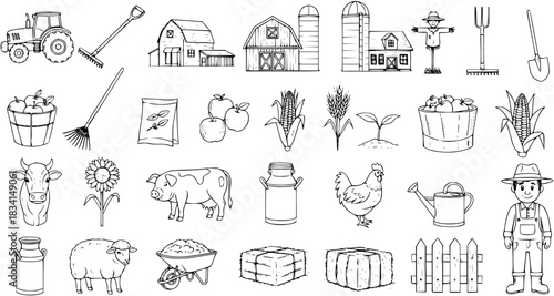 Farm Life Icon Set: Hand-Drawn Vector Illustration of Farming Elements