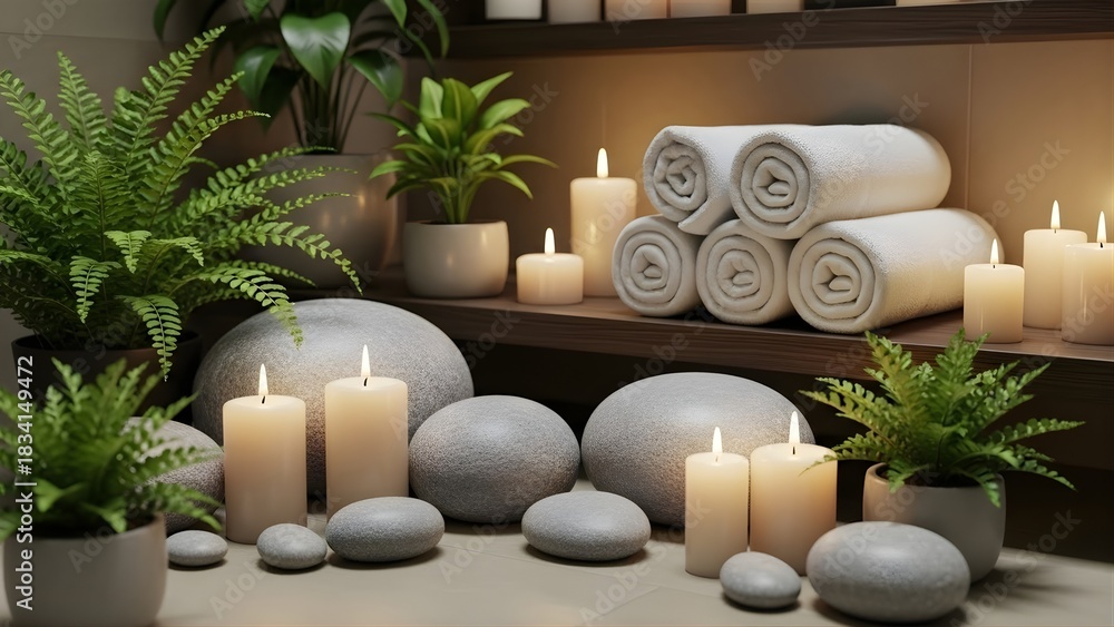 Obraz premium Spa wellness scene with candles and massage stones for relaxation ambiance