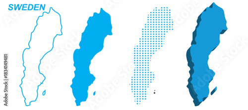 Sweden Map Vector Set, Europe Outline Silhouette Dotted 3D Solid Shapes, Sweden Country Infographic Template, Editable EPS Sweden Geography