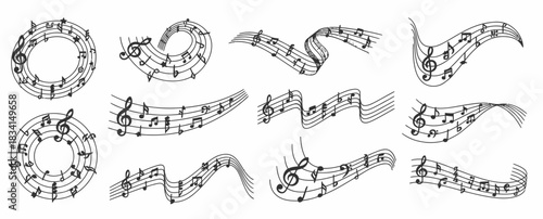 Collection of Artistic Musical Staff Designs – Featuring Flowing Notes, Treble Clefs, and Rhythmic Patterns for Visual Themes in Music, Creativity, Graphic Design, and Aesthetic Expression