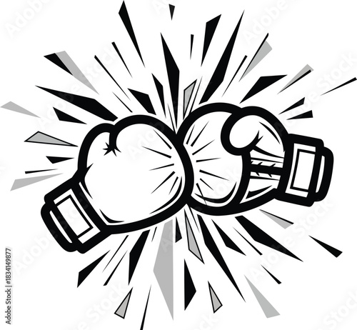 Two black boxing gloves colliding with abstract explosion