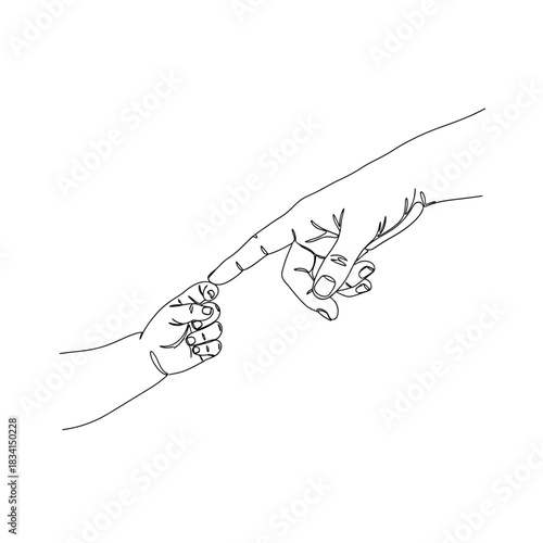 Parent and baby hands touching connection line art vector illustration