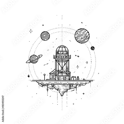 Floating observatory on a platform surrounded by planets and stars in a minimalist line art style design