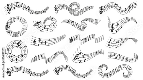 Collection of Artistic Musical Staff Designs – Featuring Flowing Notes, Treble Clefs, and Rhythmic Patterns for Visual Themes in Music, Creativity, Graphic Design, and Aesthetic Expression