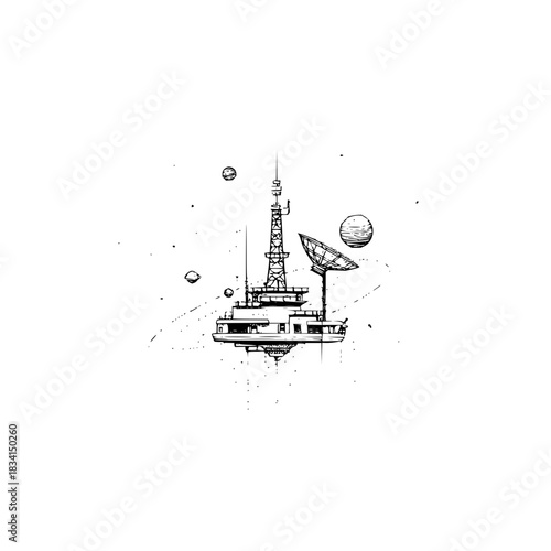 Illustration of a floating structure with a tower, satellite dish, and planets in a space scene