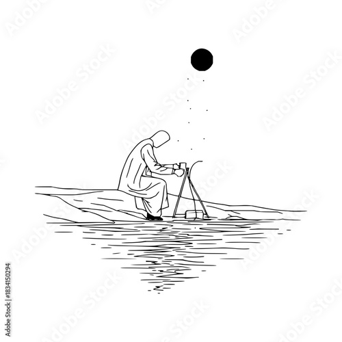 Minimalist line art of a person sitting by water with a camera under a dark circle in the sky above them