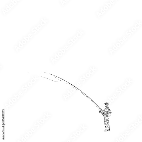Illustration of a person fishing with a long rod and reel in a black and white drawing style image