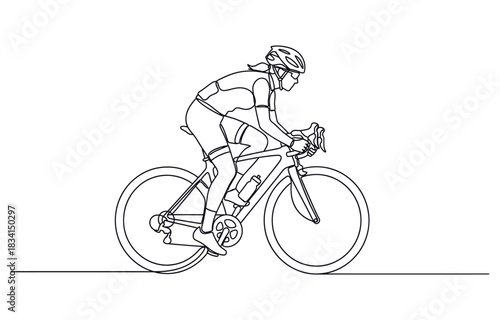 Young female cyclist in action, One continuous line drawing young sporty woman bicycle racer pedaling her bike so fast. Isolated on transparent background