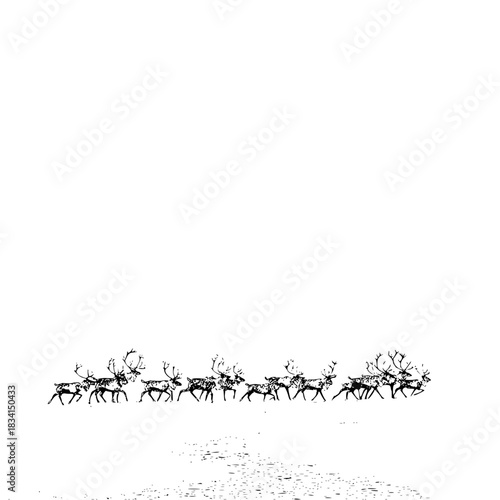 A monochrome illustration of a herd of reindeer walking in a line across a snowy white landscape scene