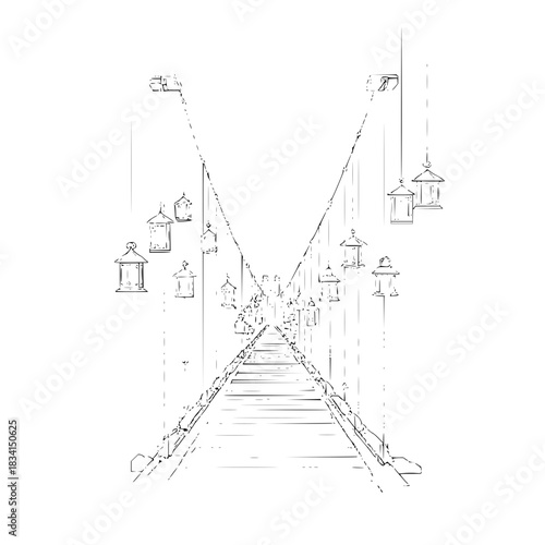Perspective view of a pathway lined with lanterns and streetlights in black and white sketch style art
