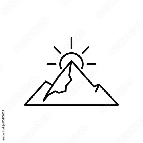Mountain peak with rising sun minimalist line icon vector illustration