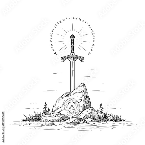 Illustration of a sword in a stone with runic circle and grass and trees in black and white style