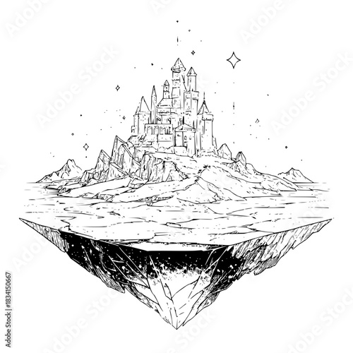 Illustration of a castle atop a rocky island with a floating landmass below in black and white ink style