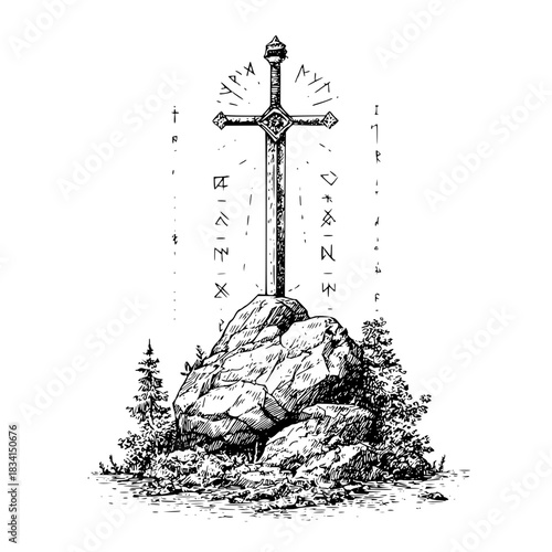 Sword in the stone with runic inscriptions and foliage in a black and white drawing style illustration