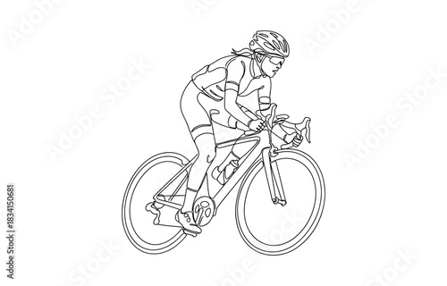 Young female cyclist in action, One continuous line drawing young sporty woman bicycle racer pedaling her bike so fast. Isolated on transparent background