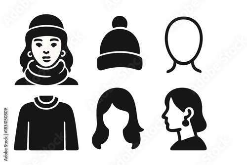 Iconic Winter Accessories. Model with wool hat close-up. Filled icon set of Model with wool hat close-up:
