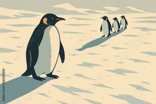 Penguin Shadows Trek. Snowy penguin trek minimalist flat illustration of penguins casting long shadows on icy