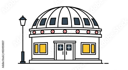 Illustration of a building with dome roof and street light vector art