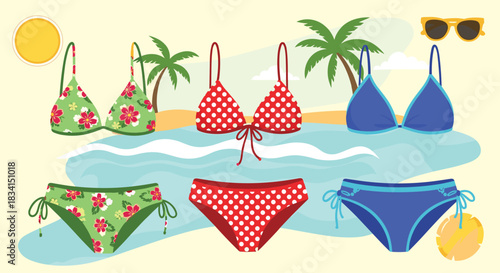 A colorful collection of three different stylish bikinis for women on a tropical beach background for summer vacation.