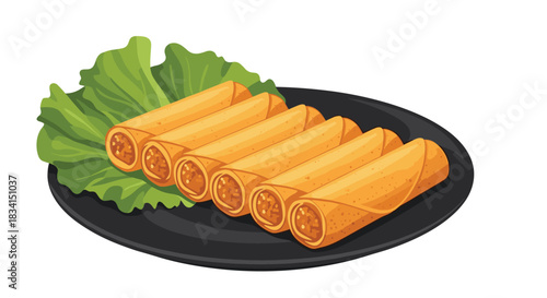 A delicious plate of six crispy golden fried spring rolls served on a bed of fresh lettuce on a round black platter.
