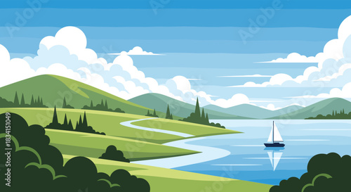 A tranquil summer landscape scene with a sailboat on a calm lake surrounded by lush green hills and a bright blue sky.