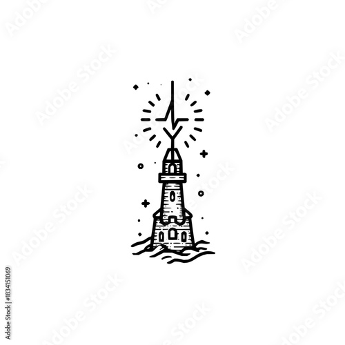 Illustration of a lighthouse on water with a heartbeat symbol above it in black and white style