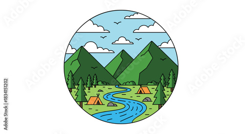 Circular line art illustration of a serene mountain landscape with a flowing river and two tents pitched in a green valley for camping.