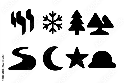 Fantasy Icon Set. Fantasy night sky. Filled icon set of Fantasy night sky: aurora, snowflake, pine tree,
