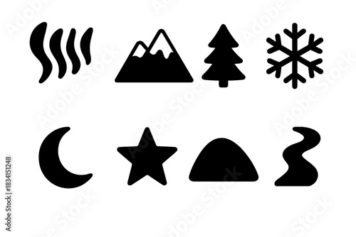 Fantasy Winter Icons. Fantasy winter landscape. Filled icon set of Fantasy winter landscape: aurora,