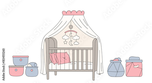 Minimalist line art of a cozy baby nursery with a canopy crib mobile and storage baskets in soft pink and gray tones.