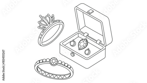 Jewelry rings and earrings in a box line art vector design