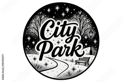 Snowy Park Vector Art. City park covered in snow. modern hand lettering, smooth curves, balanced composition,