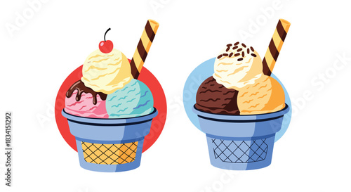 Two colorful ice cream cones in waffle cups with multiple scoops topped with chocolate sauce sprinkles cherry and a wafer stick.