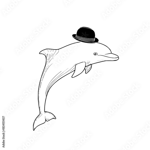 Illustration of a dolphin jumping with a black bowler hat on its head in a simple black and white style