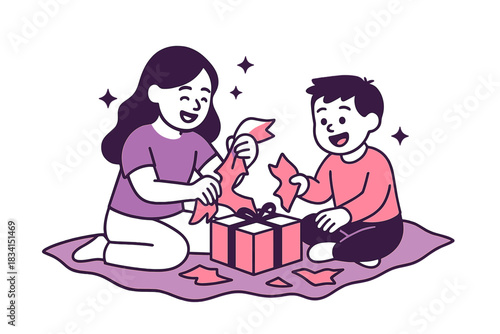 Excited Gift Unwrapping. Festive gift moment. Siblings sit on a blanket tearing gift wrap, soft spark icons