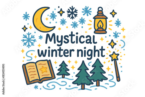 Mystical Winter Night. Mystical winter night. Hand-drawn doodle illustration of Mystical winter night.