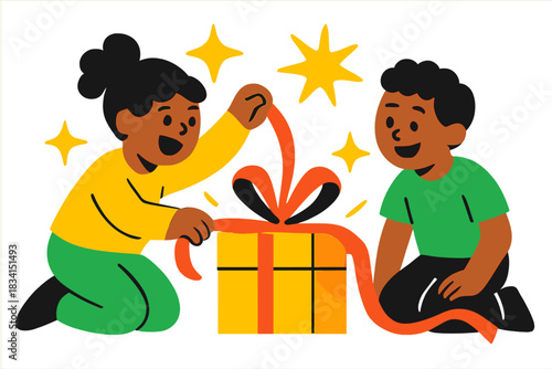 Joyful Gift Unwrapping. Excited unwrapping. One child pulls a ribbon while another looks on, soft glowing