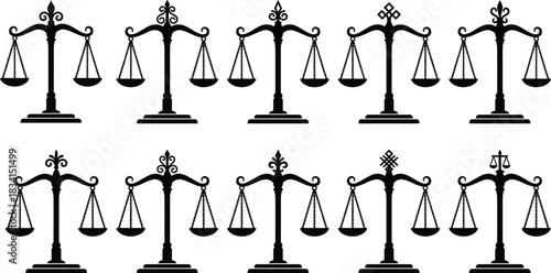 Balance Scale and Justice Icon Set, Law, Court, Equity, Judicial, Libra Zodiac Symbol, Lawyer, Judgement, Equality Concept, Flat Vector Illustration