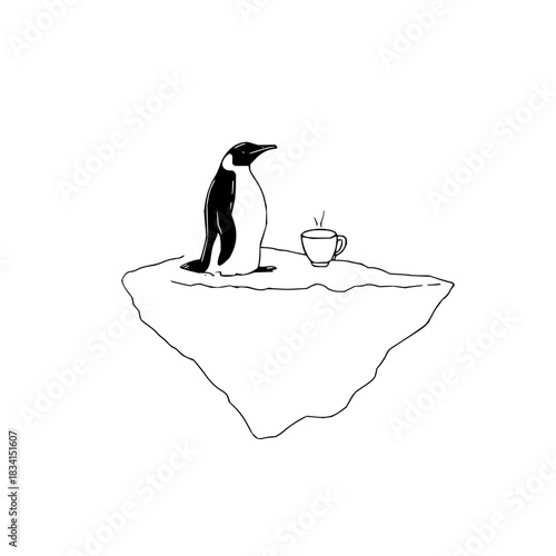 A penguin stands on an ice floe next to a steaming cup of coffee in a minimalist black and white drawing