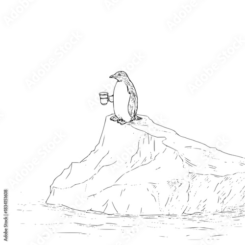 A penguin standing on a glacier holding a cup of coffee in a black and white line drawing style image