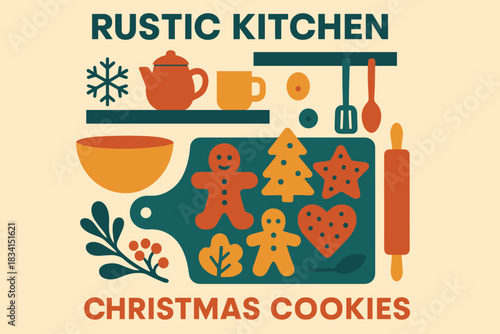 Rustic Kitchen Banner. Rustic kitchen with Christmas cookies. Modern minimalist poster banner, bold sans-serif