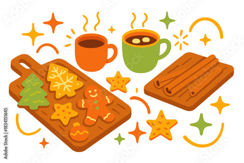 Cozy Festive Baking. Festive baking table. Wooden boards hold decorated cookies, cinnamon sticks, and mugs,