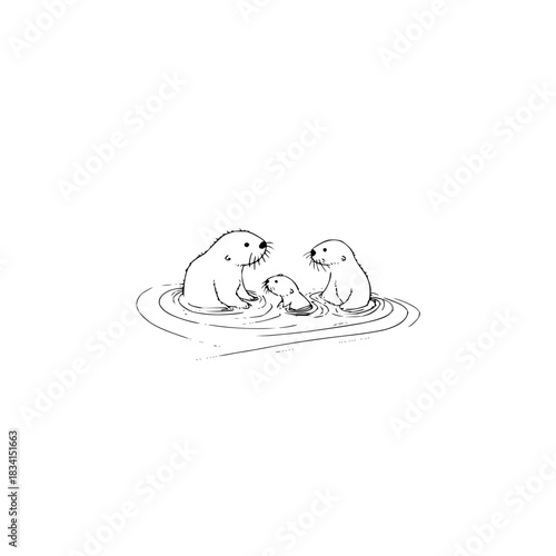 Illustration of three otters in the water, with one smaller otter between the two larger ones looking up