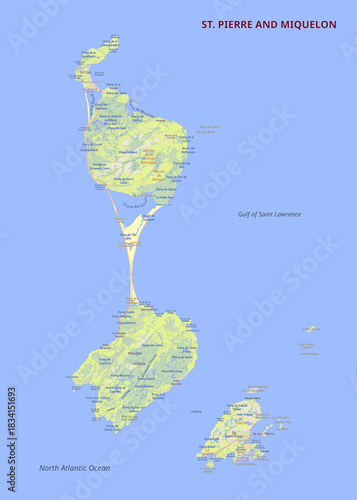 This image shows a detailed map of St. Pierre and Miquelon, a French overseas collectivity. The map highlights the islands' geography, including coastlines, landmasses, and connecting isthmuses.