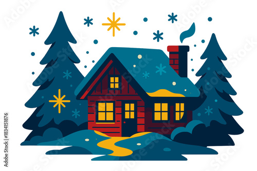 Cozy Winter Lodge. Winter evening lodge. Soft light spills from cabin windows onto fresh snow, snowflakes and